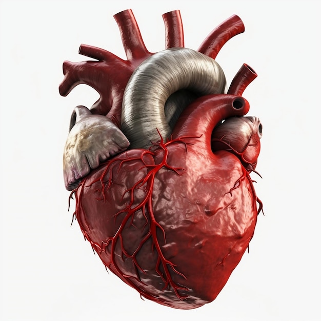 A drawing of a human heart with a silver tube in the middle isolated in white background