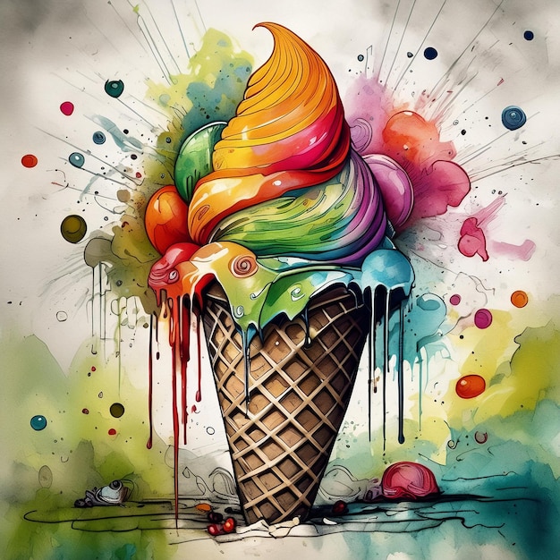 Photo a drawing of an ice cream cone with colorful spots and a drawing of a colorful ice cream cone