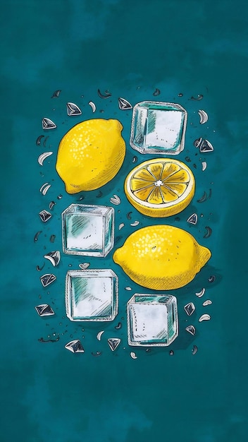 Photo a drawing of ice cubes and lemons with a lemon wedge