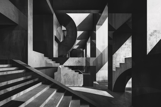 Photo a drawing illustrating the stairs and arches of a building capturing the essence of architectural sophistication and style geometric shapes playing with perspective ai generated