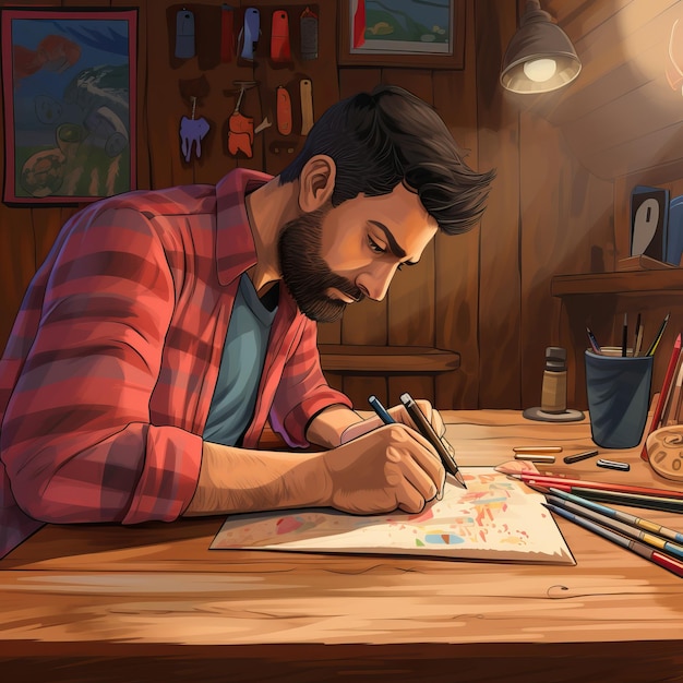 drawing illustration of man with pencil sketching and painting on a wooden table colorful cartoon