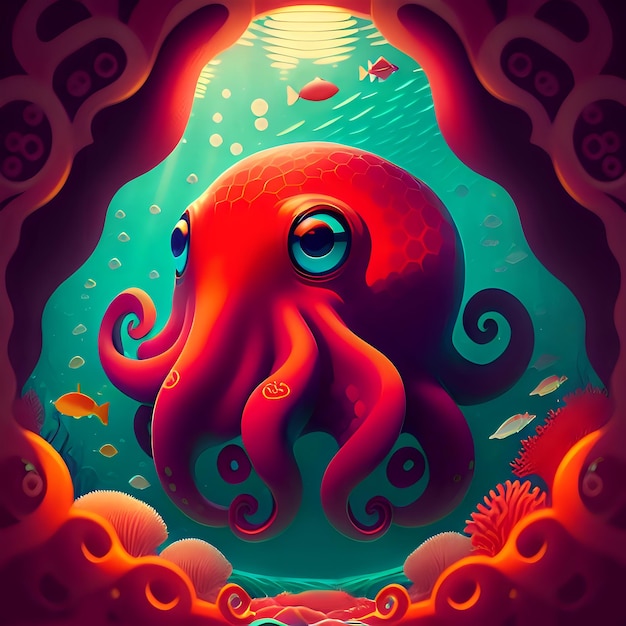 Drawing Illustration Red Octopus With Underwater Fish And Sea Creatures