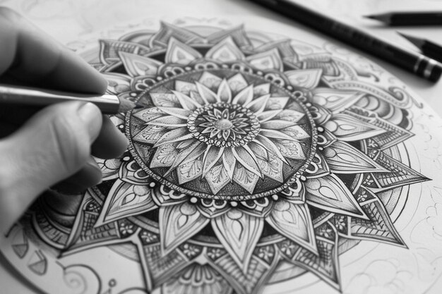 Photo drawing intricate mandalas using geometric pattern generative ai