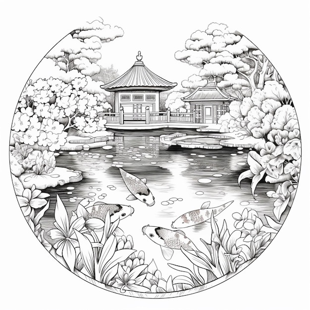 a drawing of a japanese garden with a pond and a pagoda generative ai