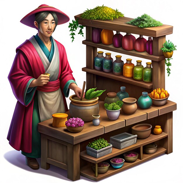 Photo a drawing of a japanese woman with a japanese hat and a large pot of vegetables