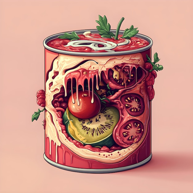 Photo a drawing of a jar of food with a tomato and a slice of cucumber