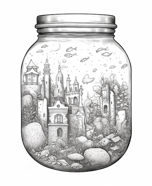 a drawing of a jar with a castle inside of it generative ai