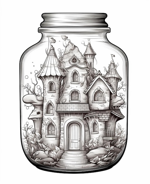 a drawing of a jar with a house inside of it generative ai