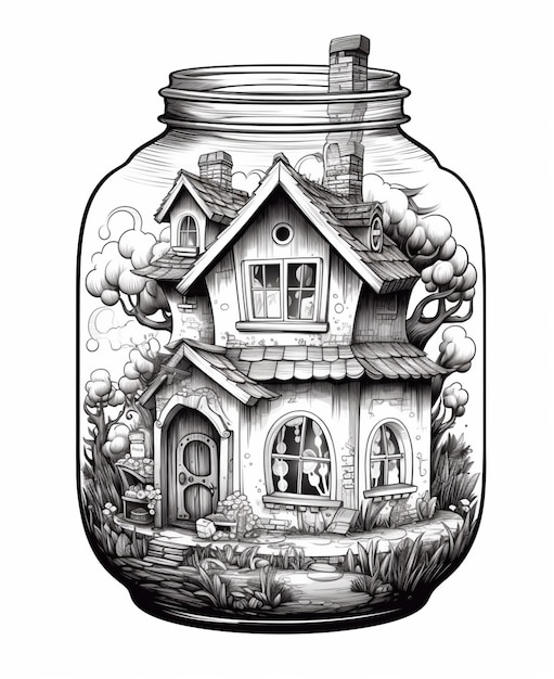 a drawing of a jar with a house inside of it generative ai