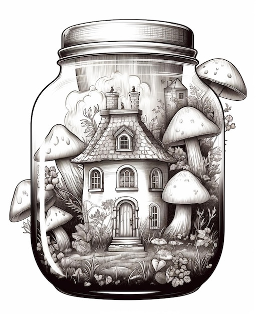 a drawing of a jar with a house inside of it generative ai