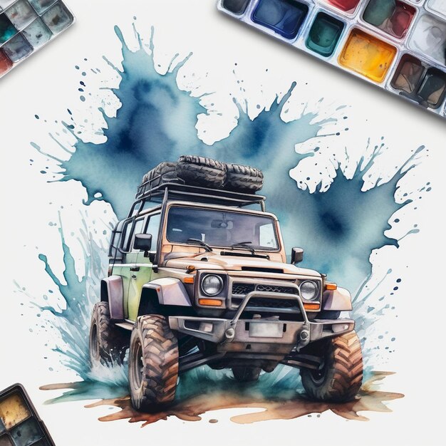 Photo a drawing of a jeep with a picture of a paint brush