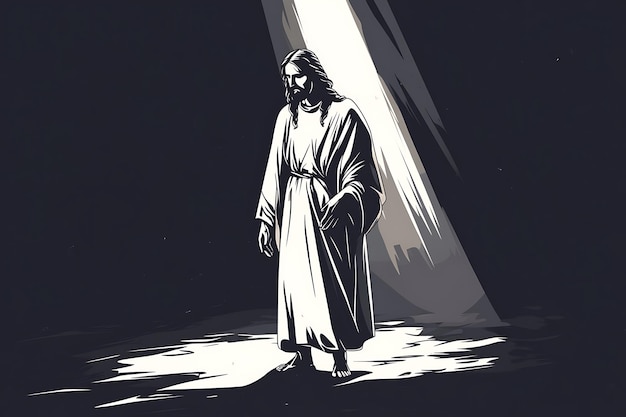 a drawing of jesus in a white robe with a black background