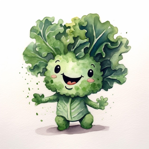 A drawing of a kale character with a smiley face.