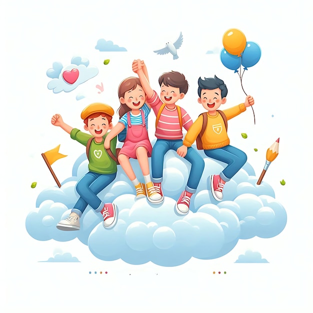 a drawing of kids on a cloud with balloons and a bird flying in the sky Happy Friendship Day