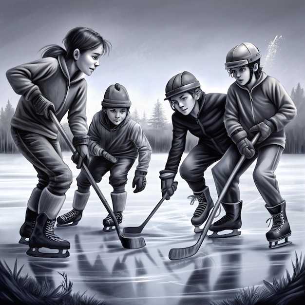 Photo a drawing of kids playing hockey with a hockey stick