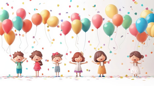 a drawing of kids with balloons and the words  happy birthday