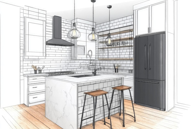 Photo a drawing of a kitchen with a bar and stools