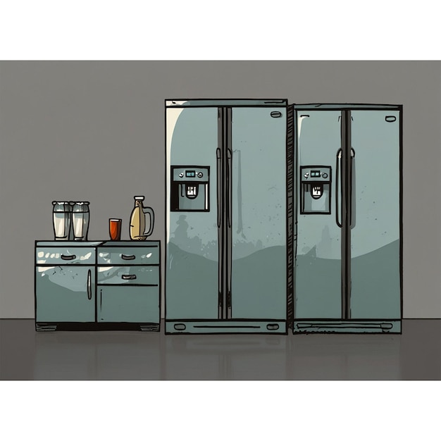 a drawing of a kitchen with a picture of a refrigerator and freezer