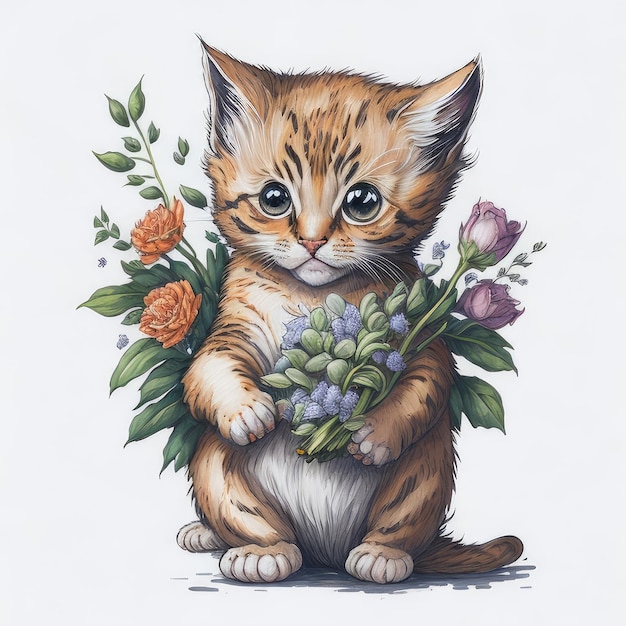 A drawing of a kitten holding flowers and a bunch of flowers.