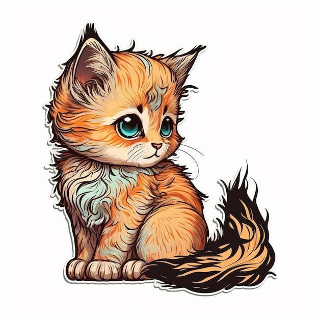 A drawing of a kitten with blue eyes and a long tail.