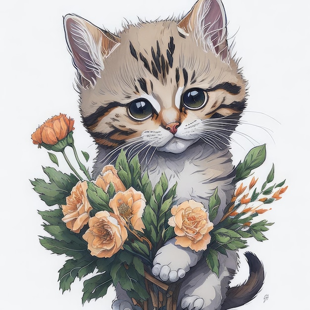 A drawing of a kitten with a bunch of flowers on it