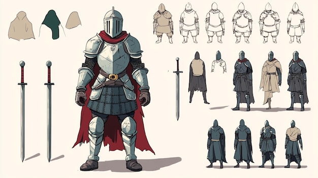 Photo a drawing of a knight with a red cape and armor