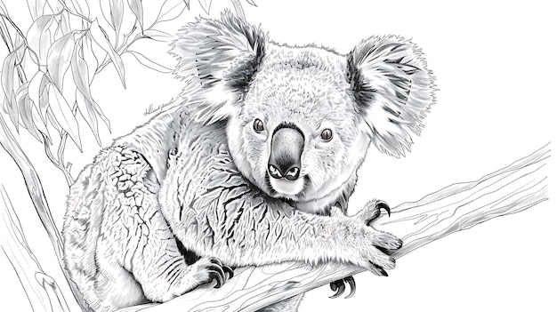 a drawing of a koala with a black and white background