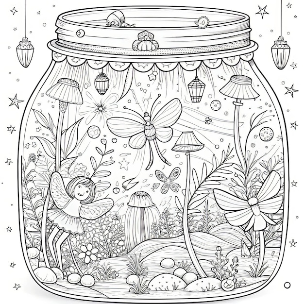 a drawing of a lady and a jar of butterflies