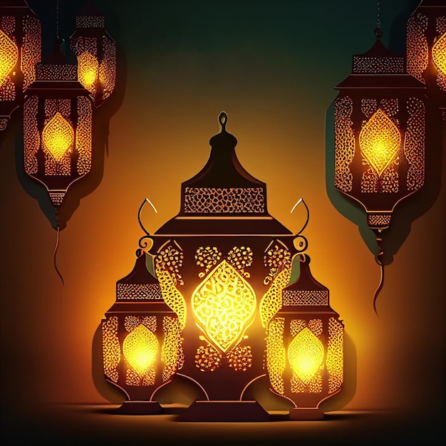 A drawing of lamps with the words eid al fitr on the bottom