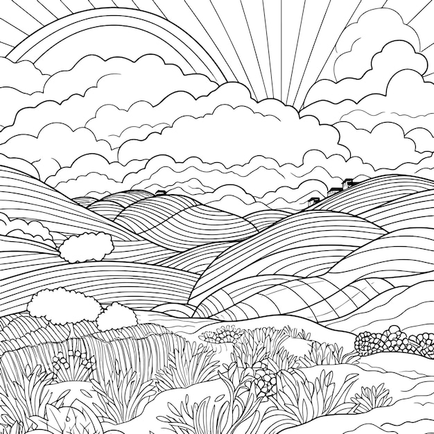 Photo a drawing of a landscape with mountains and clouds