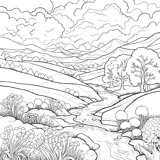 Photo a drawing of a landscape with trees and hills in the background