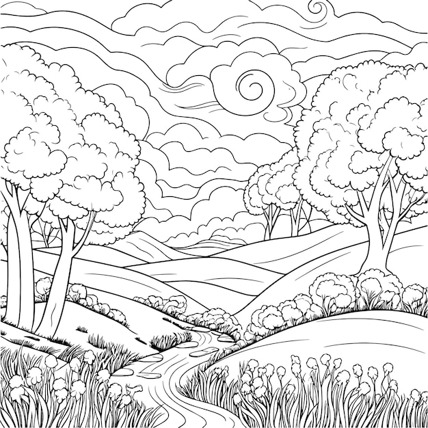 Photo a drawing of a landscape with trees and hills