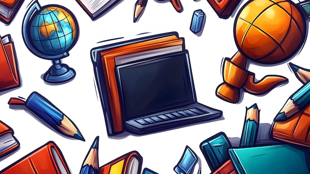 Photo a drawing of a laptop and other school supplies