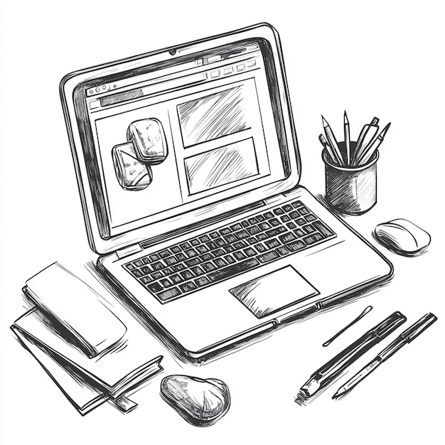 Photo a drawing of a laptop with a pen and pencil on it