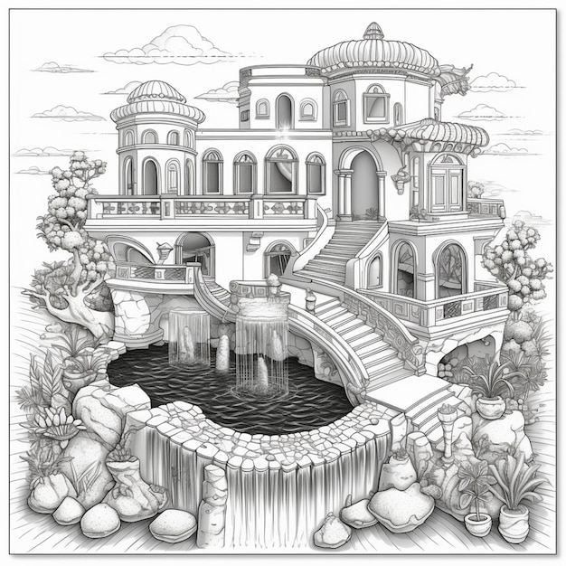 a drawing of a large building with a fountain in front of it generative ai