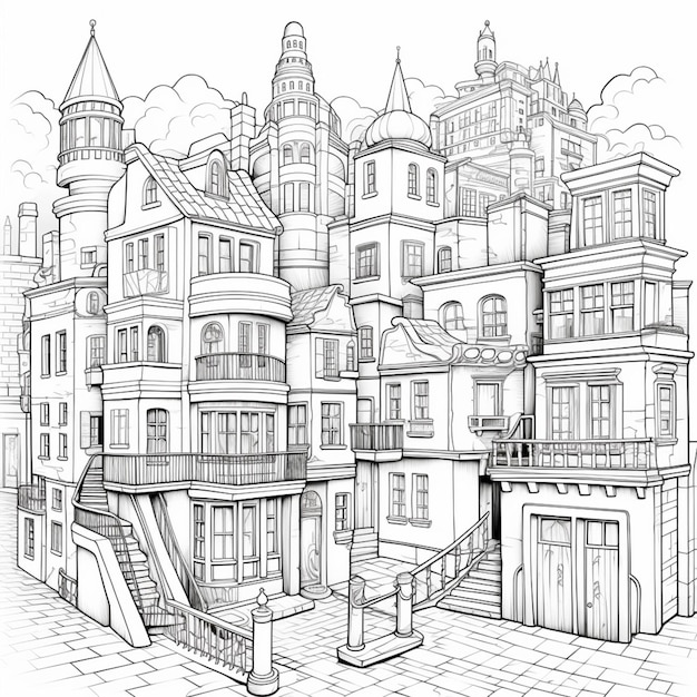 A drawing of a large building with a staircase going up to it generative ai