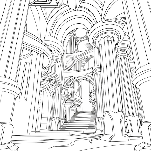 a drawing of a large building with a staircase and a staircase generative ai