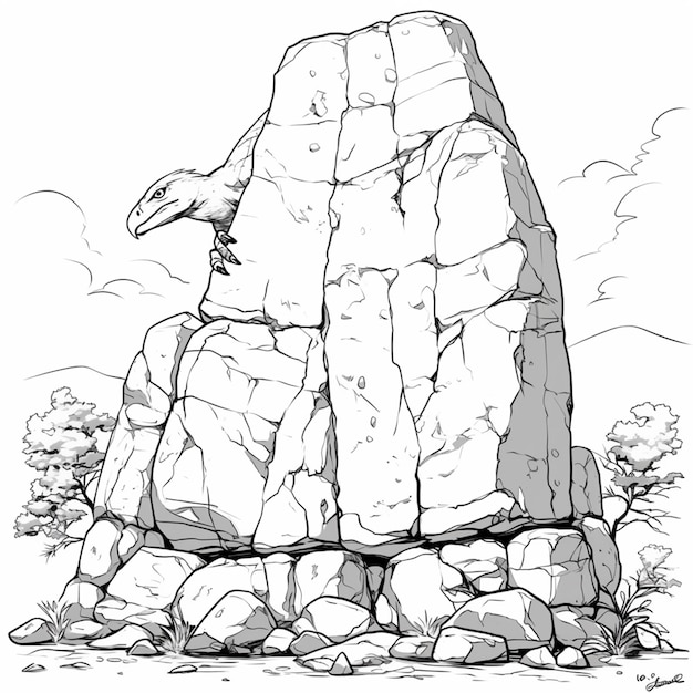 Photo a drawing of a large rock with a bird perched on it generative ai