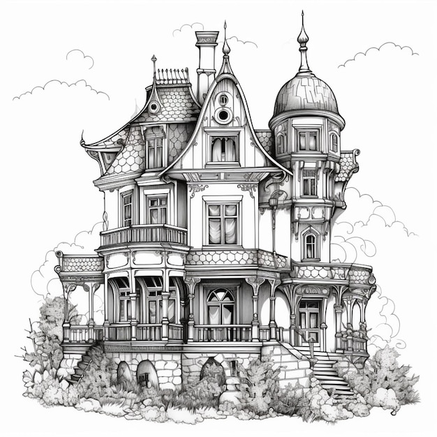 a drawing of a large victorian house with a turret on top generative ai