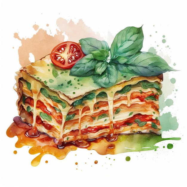 A drawing of a lasagna with a green leaf on top.