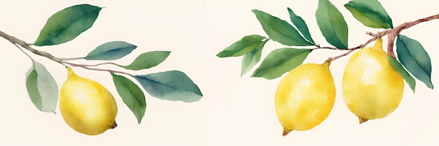 Drawing of lemons on a branch fruit with leaves isolated on white background ai generation