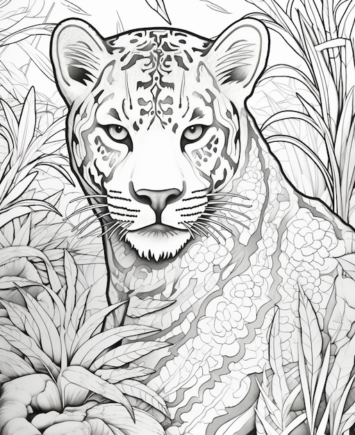 a drawing of a leopard in the jungle with flowers and plants generative ai