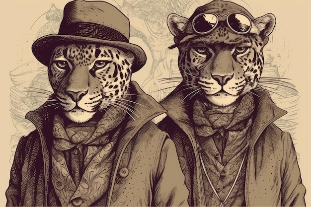 A drawing of a leopard and a man wearing hats