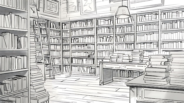 Photo a drawing of a library with a desk and a bookcase with a picture of a book on it