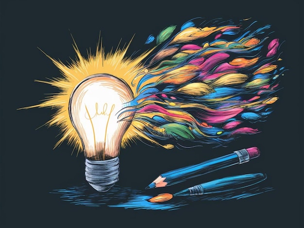 Photo a drawing of a light bulb with a pencil and a pen in it