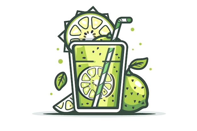 Photo a drawing of a lime and lemon with a straw in it