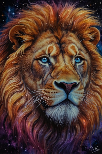 a drawing of a lion with a blue eyes and a blue eye