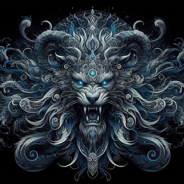 a drawing of a lion with a blue eyes and a design of a lion