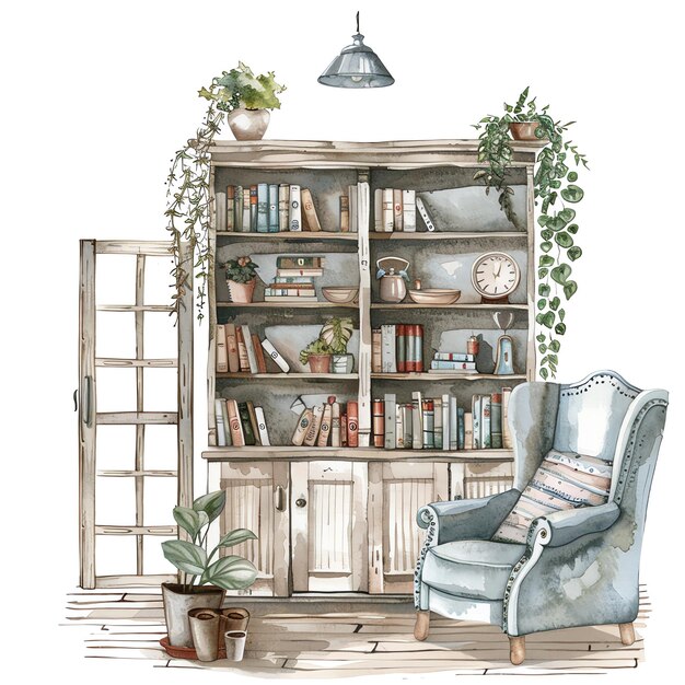 a drawing of a living room with a chair and a bookcase with a plant on it