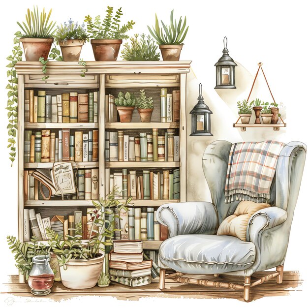 a drawing of a living room with a chair and a bookcase with a plant on it